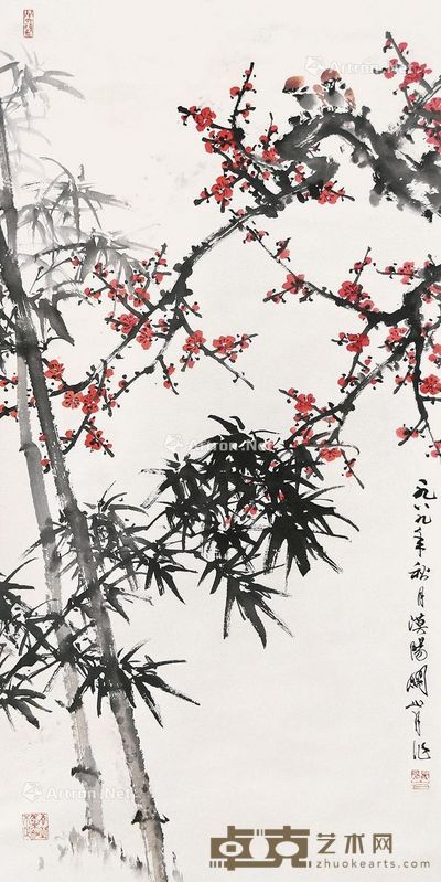关山月 竹雀图 136×67cm