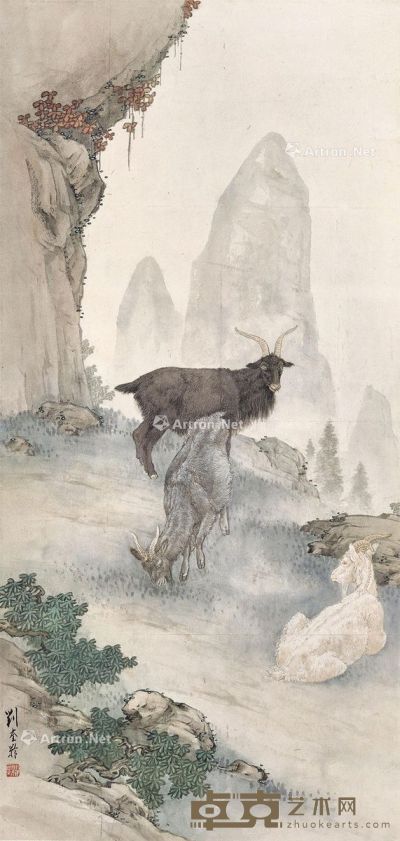 刘奎龄 三羊开泰 64.5×30.5cm