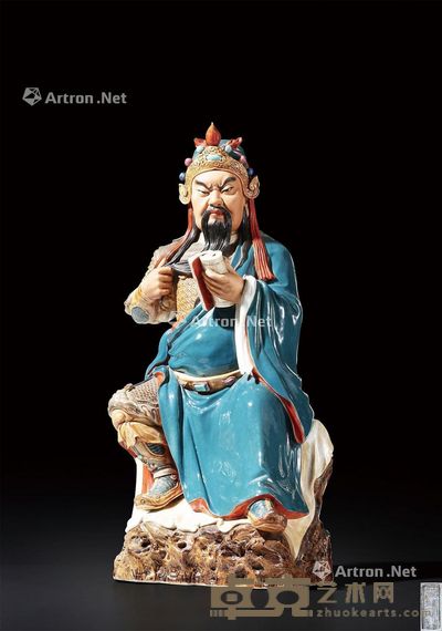 民国 “曾龙升造”粉彩关公座像 高46cm