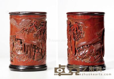 清中期 竹雕松阴雅集图笔筒 高13.5cm