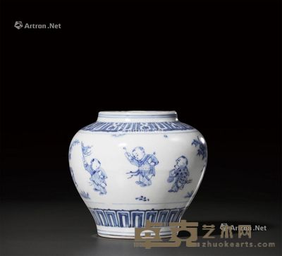 明弘治 青花庭院婴戏图小罐 高9.1cm