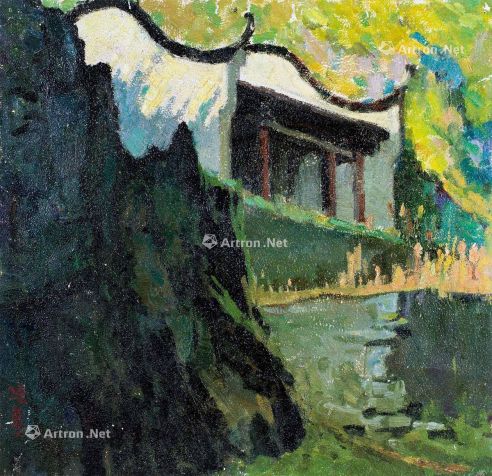 涂克 20世纪70年代末 江边的寺庙 油画 纸本