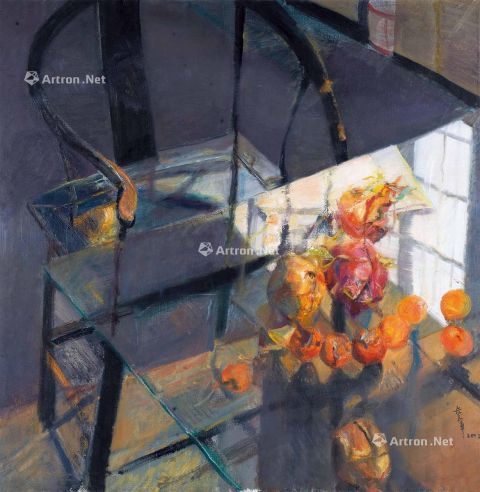 杨参军 2012年作 玻璃桌上的水果 布面油画