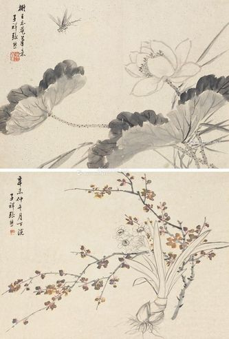 张子祥 1871年作 花卉 斗方立轴双挖