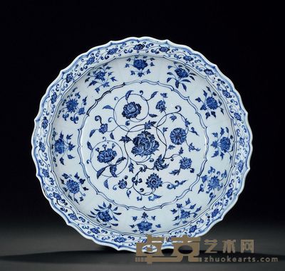 明永乐 青花四季花卉纹菱口大盘 直径38cm