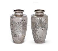 昭和时期 三越制·静芳刻·鎏金菊、牡丹纹·纯银·花瓶