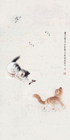 曹克黉 双猫朴蝶图