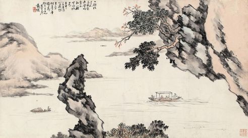 郑绩 壬申（1872）年作 东波游赤壁 镜框 原裱 设色纸本
