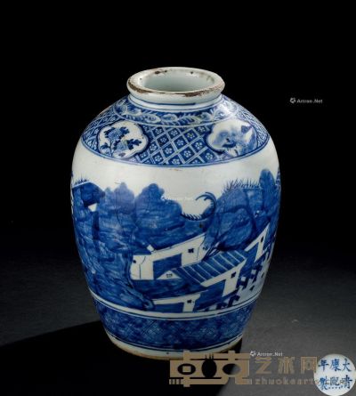 清代（1644-1911） 青花山水纹瓶 高29cm