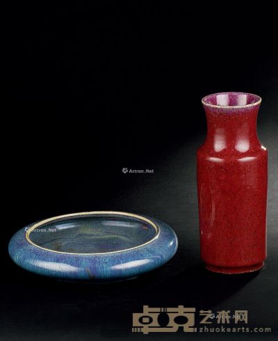 清代（1644-1911） 钧窑水盂 红釉花瓶 （二件一组） ①高4.8cm；②直径22.8cm；高23cm