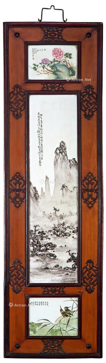 民国（1912-1949） 汪野亭 刘雨岑 汪少平 山水瓷板挂屏