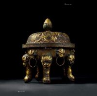 唐代-宋代（618-1279） 铜鎏金五兽足环耳熏炉