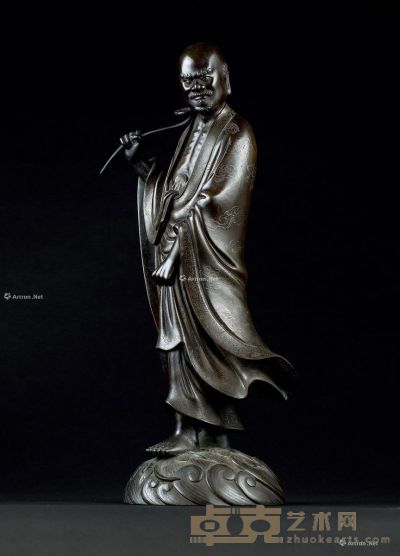 明代（1368-1644） 石叟铜错银达摩过江立像 高36.6cm