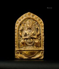 11-12世纪 藏传铜鎏金加彩漆金四臂佛挂件