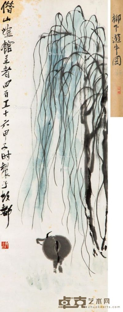 齐白石 柳牛图 立轴 设色纸本 98.7×34.1cm