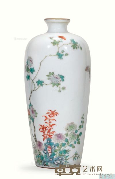 清 道光窑 粉彩菊石花蝶纹壁瓶 高17cm