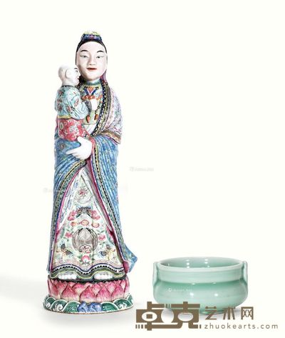 清 粉彩送子观音像与粉青釉香炉 高40cm；口径12cm