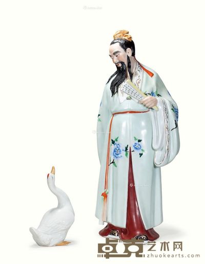 20世纪中叶 新粉彩王羲之爱鹅瓷塑 高54cm