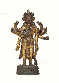 13世纪 尼泊尔 铜鎏金不空罥索观音站像