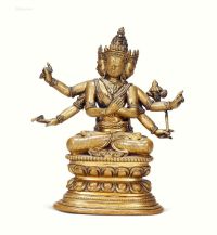 17世纪 帕拉风格 铜鎏金六臂秘密文殊菩萨坐像