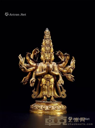 清中期 铜鎏金十一面千手观音立像 高31cm
