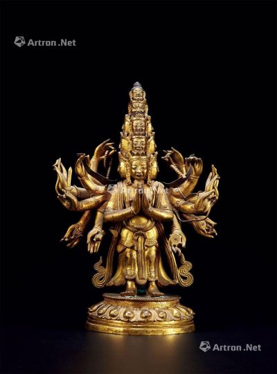 清中期 铜鎏金十一面千手观音立像