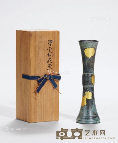 日本昭和时期 四世藏六造立鼓式涂金铜花器 高21cm