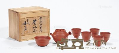 日本昭和时期 三代常山造常滑烧朱泥茶具 （一组七件） 尺寸不一
