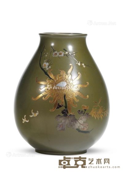 日本昭和时期 秀峰造铜胎错金银花卉花瓶 高30cm