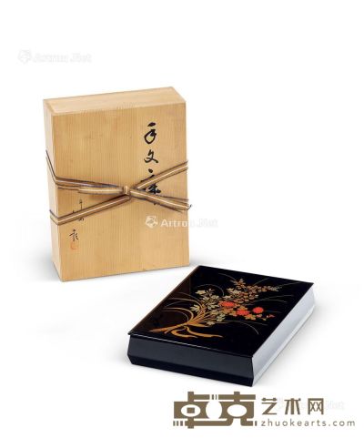 日本昭和时期 平安象彦黑漆彩绘文具盒 长30cm