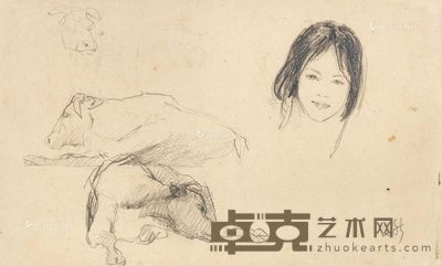 张文新 女人像与牛 17.5×29cm