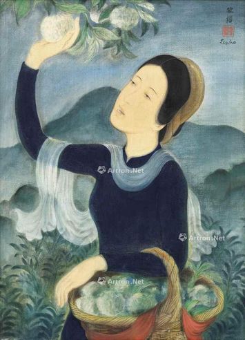黎谱 少女采摘 水墨图