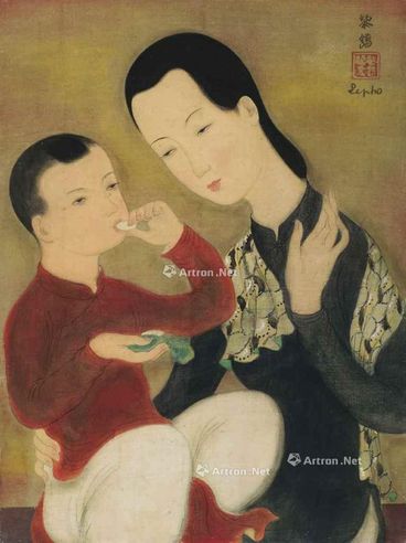 黎谱 约1938-1940年作 母子 水墨 粉彩 绢布
