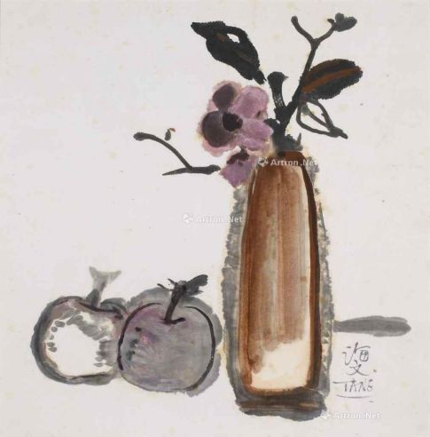 曾海文 1955-1959年作 瓶花与水果 水墨 水彩 纸本