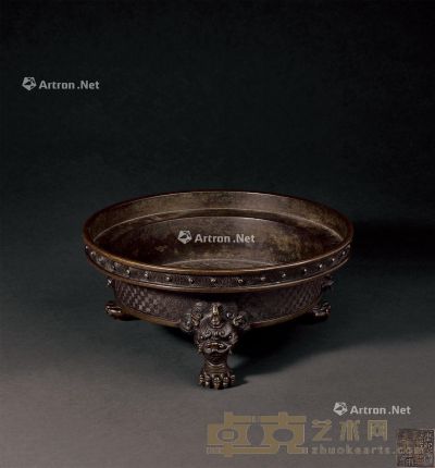 清康熙乙亥嘉平月（1696年作） 铜鎏金瑞兽足暖盆 32×13.2cm