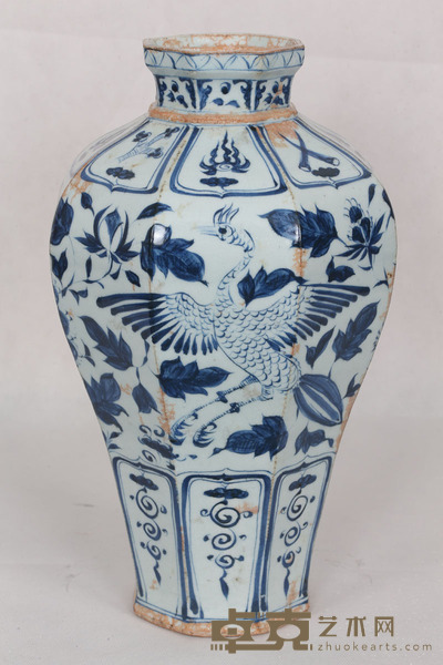 明 青花花鸟纹八方梅瓶 高：41cm