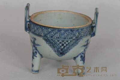 永乐 青花云、锦纹双耳三足炉 径：10.7cm、高：11.4cm