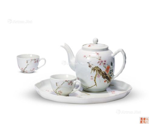 邹文侯 近现代 粉彩山水花鸟茶具 （一组四件）