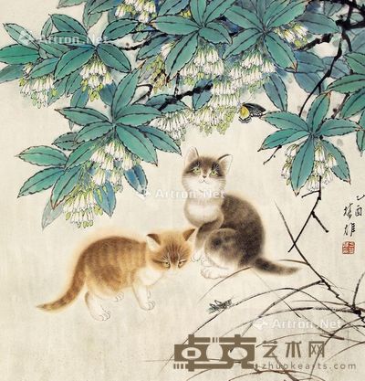 方楚雄 猫蝶图 67×67cm