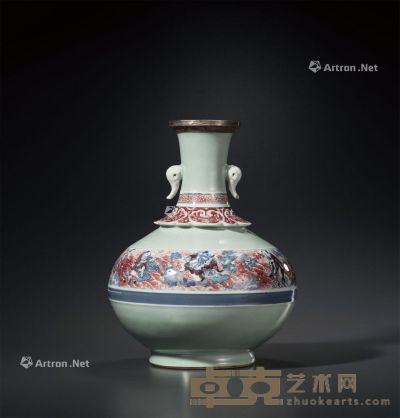 清晚期 东青釉青花釉里红八仙过海图双象耳瓶 高32.5cm