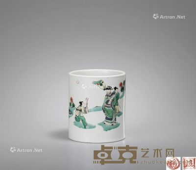 清康熙 五彩“平升三级”图笔筒 高12.2cm