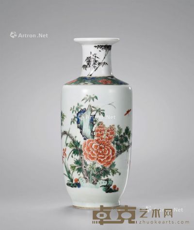 清康熙 五彩花卉纹棒槌瓶 高24.5cm