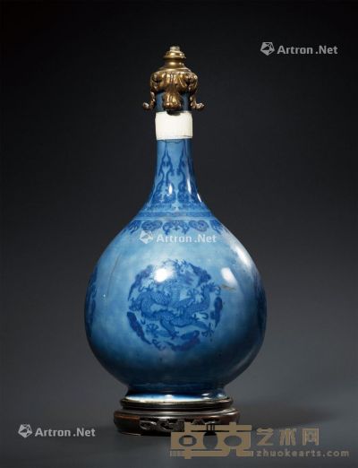 清光绪 蓝釉青花团龙纹胆瓶 高39cm