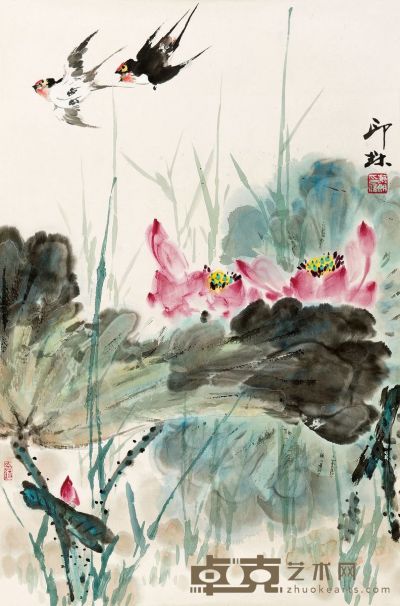 萧朗 荷塘双燕 68×45cm