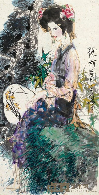 林墉 听松图 137×68cm