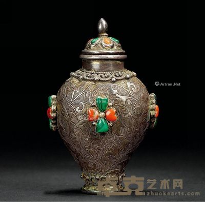清 铜嵌银花卉纹多宝鼻烟壶 7.5×5×4cm