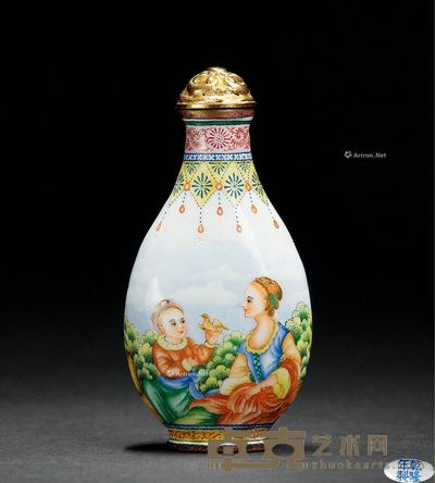 乾隆年制款 铜胎画珐琅人物鼻烟壶 7.6×3.8×2.2cm