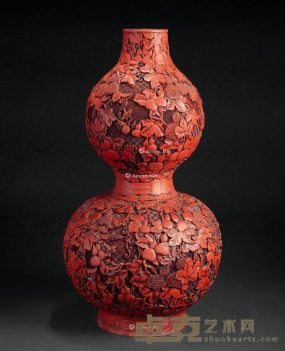 清康熙 无胎剔红漆器葫芦形刻多葫芦藤瓶 50×26cm