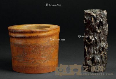 清晚期 清 竹刻山水人物笔筒 樱木多孔随形笔筒 10.7×12.7cm;14.6×5cm