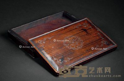 清 红木嵌宝掐丝银花纹文具盒 22.5×15.4cm